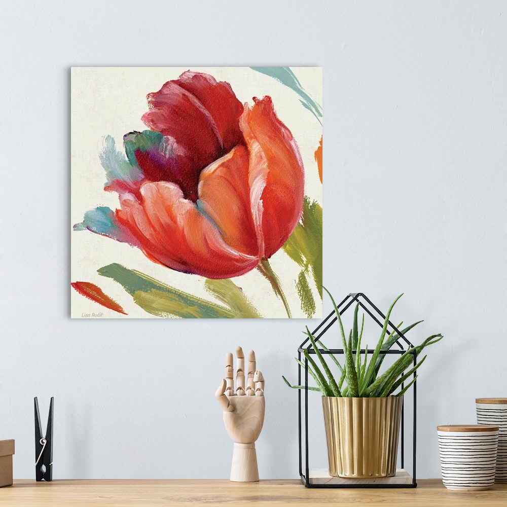 A bohemian room featuring Contemporary painting of flower blossom with background full of thick colorful random brush strokes.
