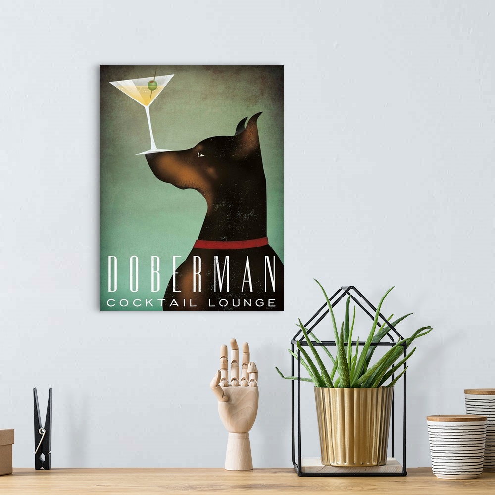 A bohemian room featuring Illustration of a doberman balancing a martini glass on its nose with "Doberman Cocktail Lounge" ...