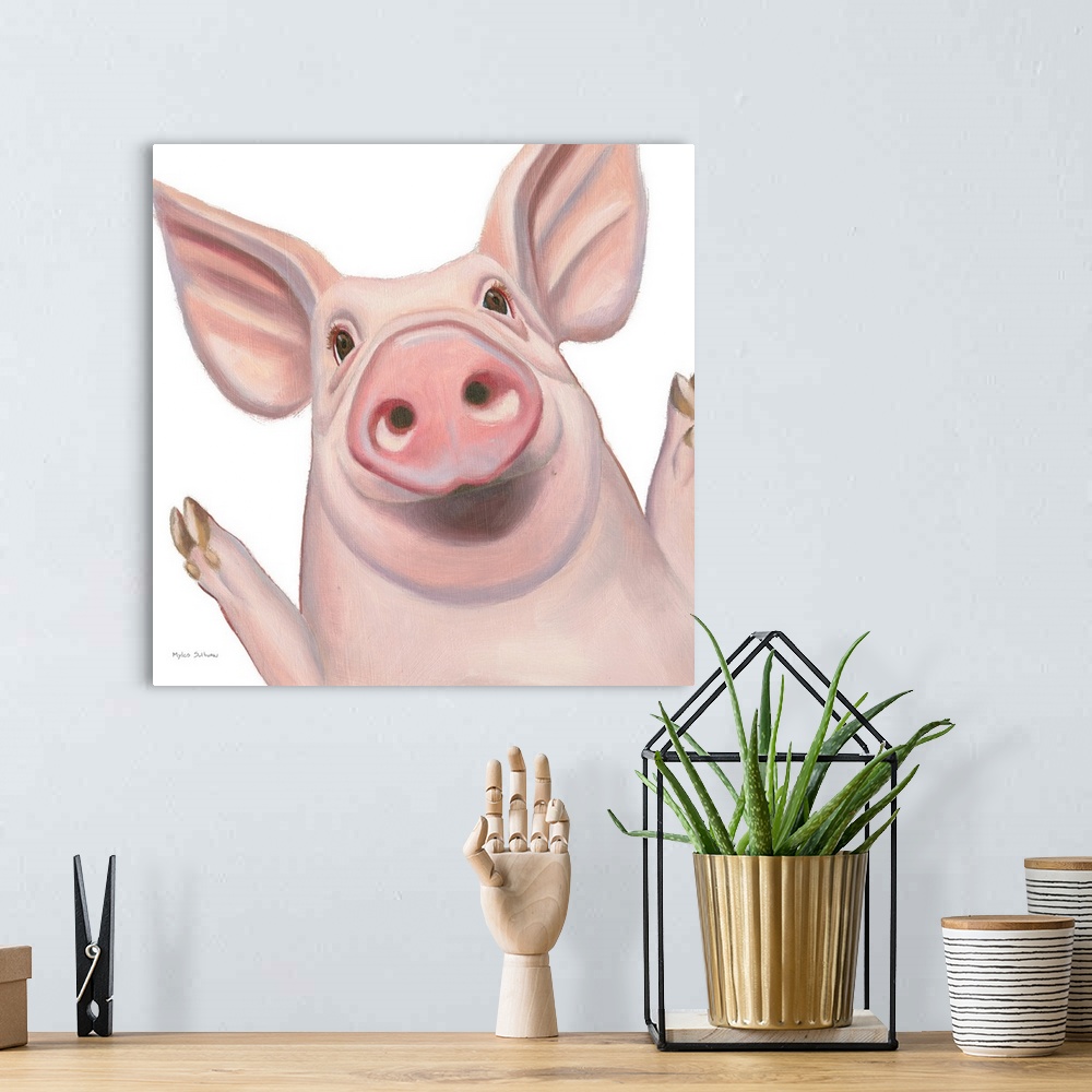 A bohemian room featuring A delightful image of a baby pig smiling on a white background.