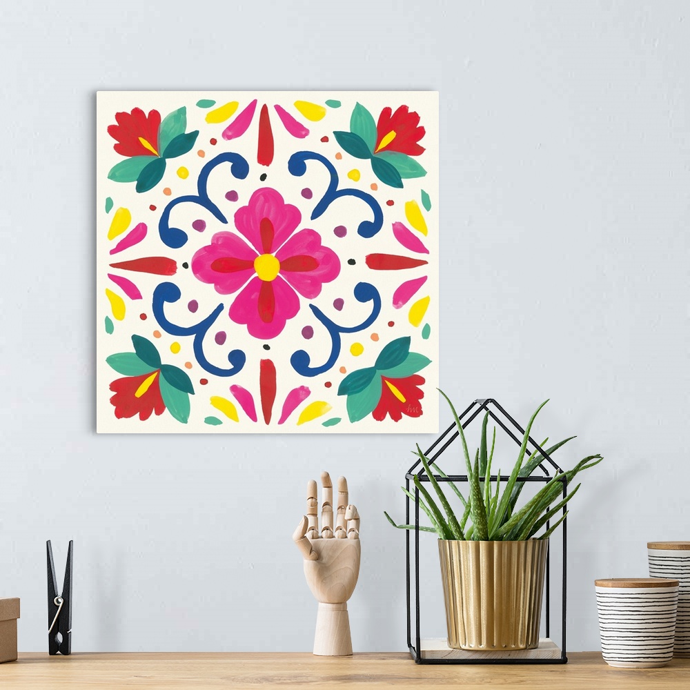 A bohemian room featuring Floral Fiesta White Tile VII