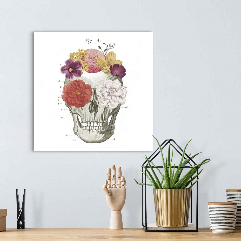 A bohemian room featuring Decorative artwork of a skull diagram with flowers on the eyes and head.