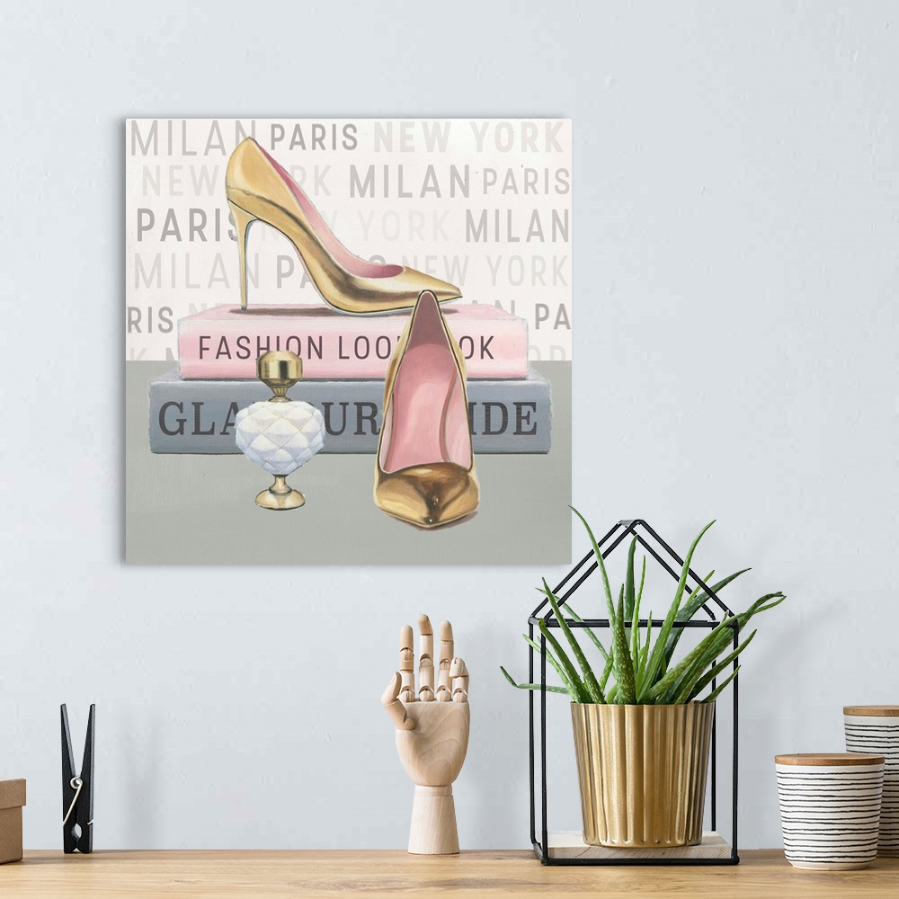 A bohemian room featuring Contemporary still life painting of stylish gold high heels, clutch, perfume bottle, and fashion ...