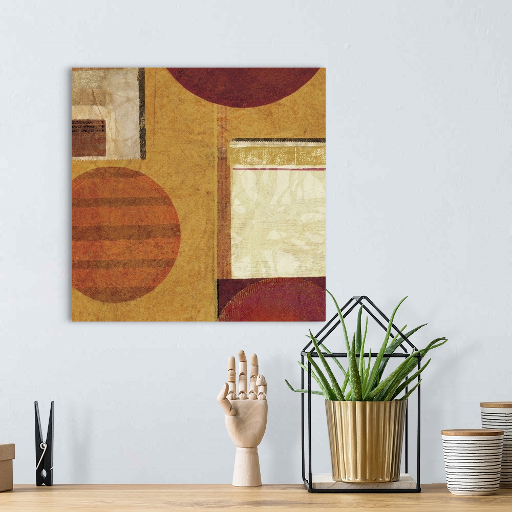A bohemian room featuring This square abstract artwork uses geometric shapes to move the vieweros eye around this contempor...