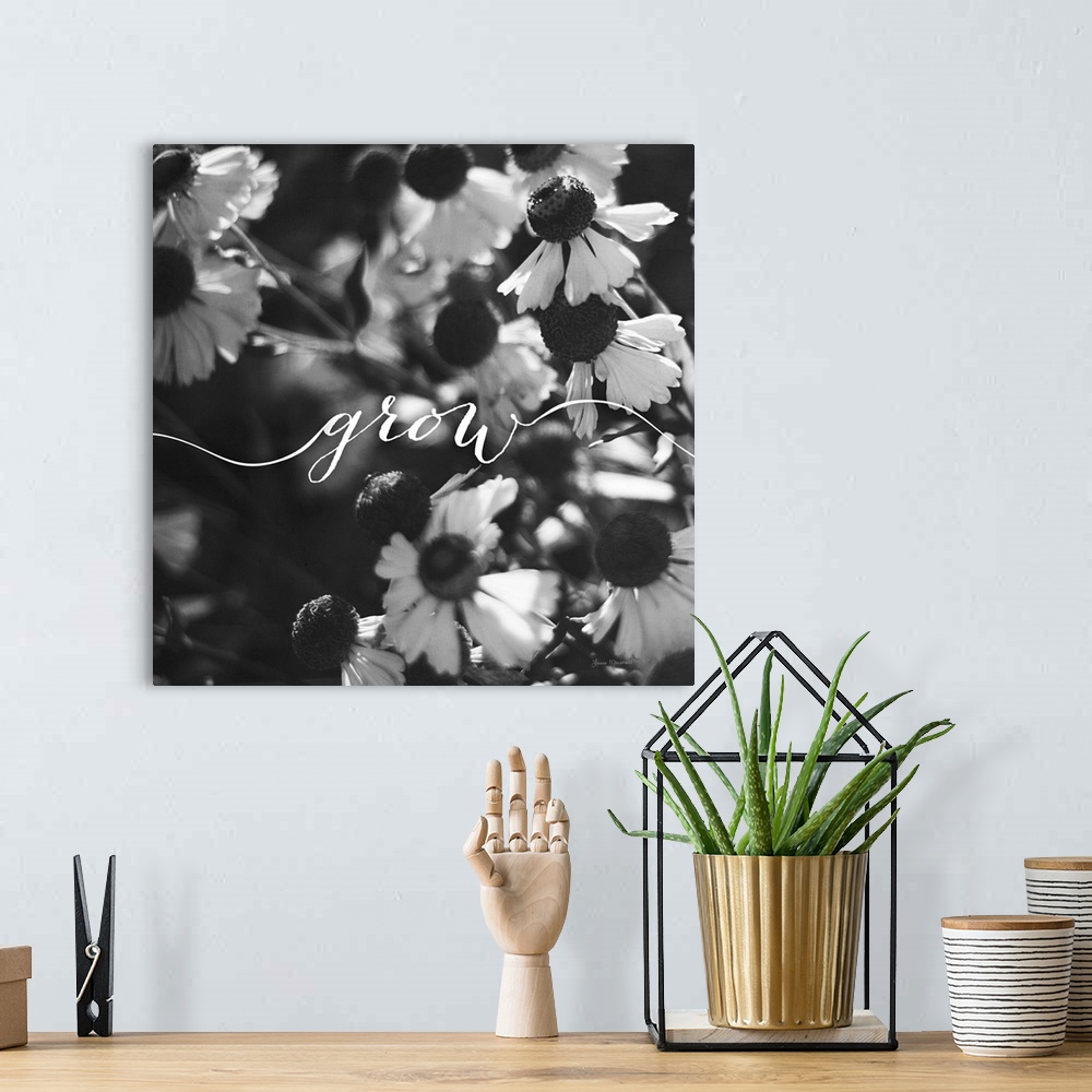 A bohemian room featuring Handlettering in white across a black and white photograph of flowers.