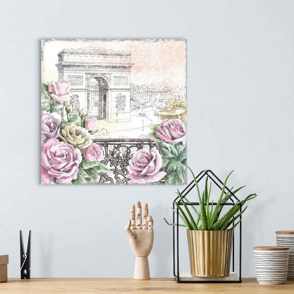 A bohemian room featuring Contemporary home decor artwork of the Arc de Triomphe in a neutral pencil sketch-like style seen...