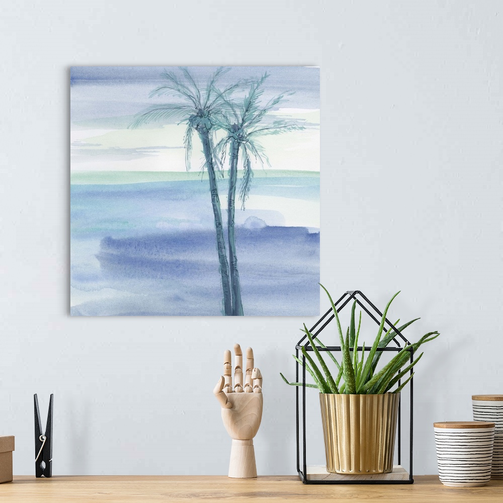 A bohemian room featuring Contemporary watercolor painting of palm trees against a blue background.