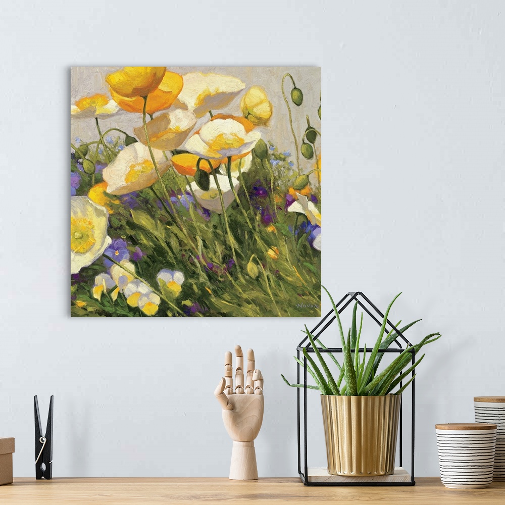 A bohemian room featuring Square, floral painting on a large wall hanging of a field of golden poppies and purple pansies, ...