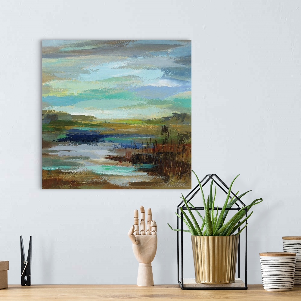 A bohemian room featuring Contemporary landscape painting of the edge of a lake with reeds and a gloomy sky.