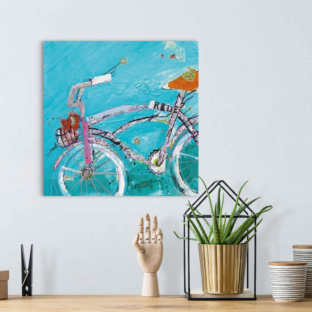 A bohemian room featuring Energetic brush strokes, heavy textures and cut paper create a decorative artwork of bicycle.