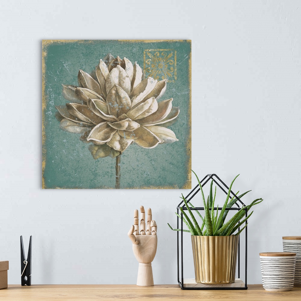 A bohemian room featuring A square decorative artwork of a large white bloom with a distress overlay and gold accents.