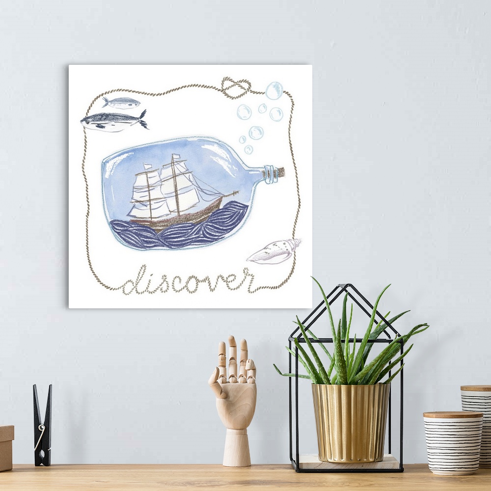 A bohemian room featuring Illustration of a sailing ship in a bottle with a rope reading "Discover."