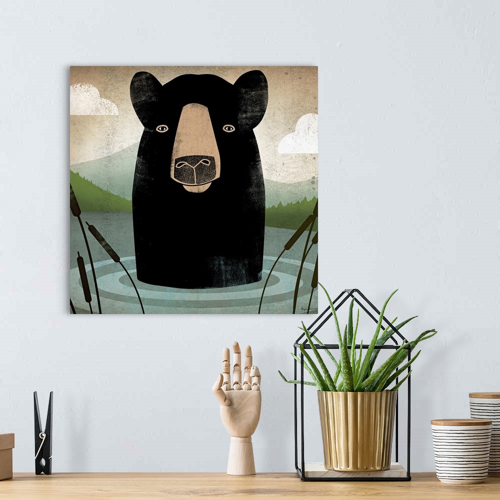 A bohemian room featuring Giant, square, contemporary artwork of an illustrated bear sticking its head out of the water, su...