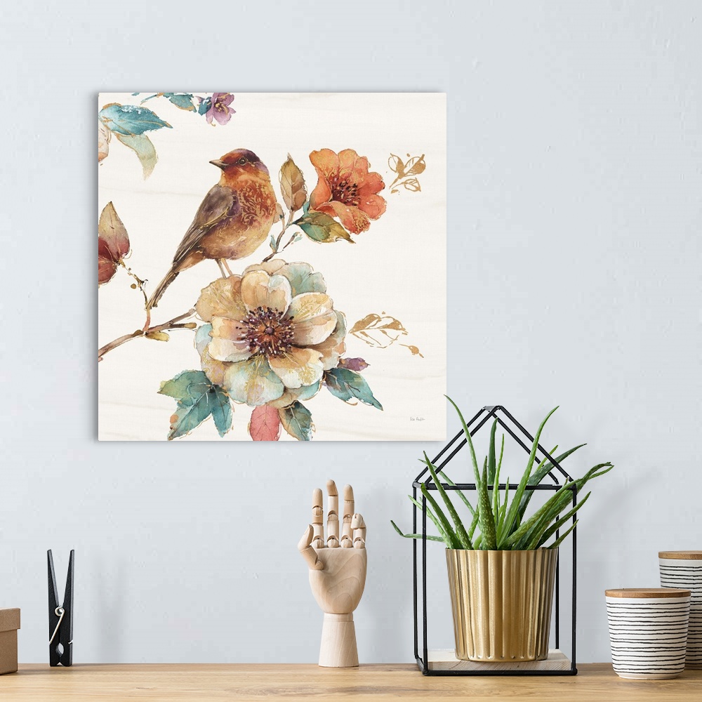 A bohemian room featuring Contemporary square painting of a bird standing on a flower in warm tones of brown, red and green.