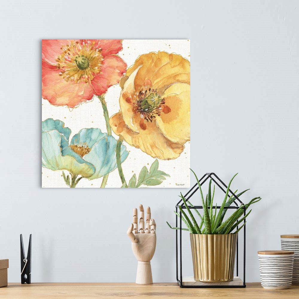 A bohemian room featuring Contemporary painting of bright blooming flowers in light blue, yellow, and red.