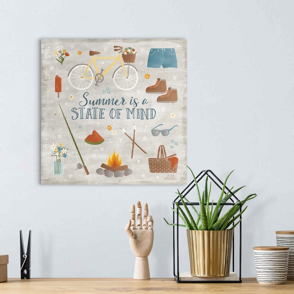 A bohemian room featuring "Summer is a State of Mind" square Summer decor with Summer activity illustrations.