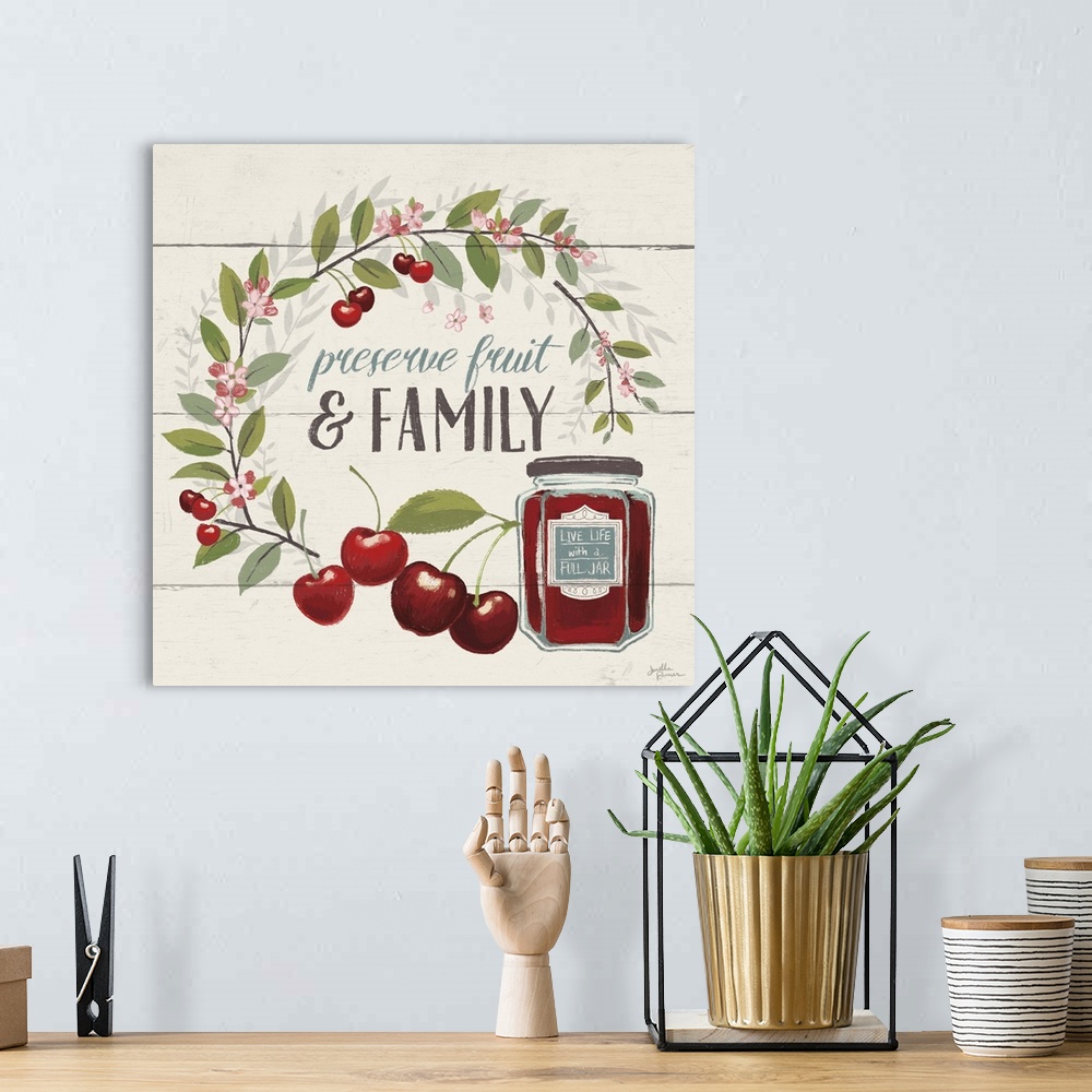 A bohemian room featuring "Preserve Fruit and Family" with cherries.