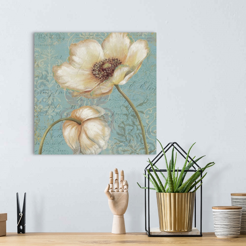 A bohemian room featuring Abstract painting of two flowers, one that is pointing upwards and the other that is pointing dow...