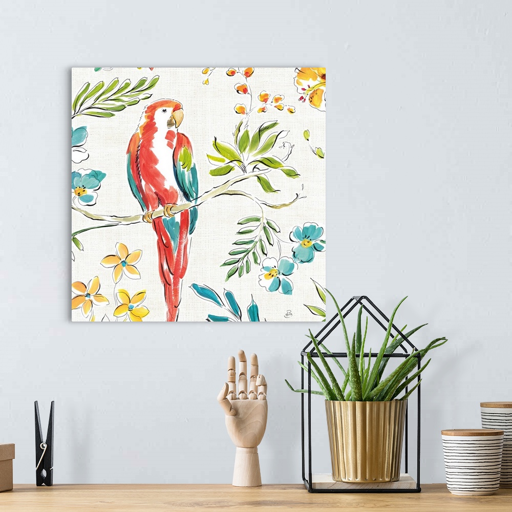 A bohemian room featuring Square image of a parrot on a branch surrounded by topical plants.