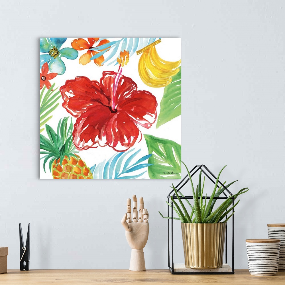 A bohemian room featuring Vibrant painting of a red flower surrounded by tropical plants, flowers, and fruit on a white squ...
