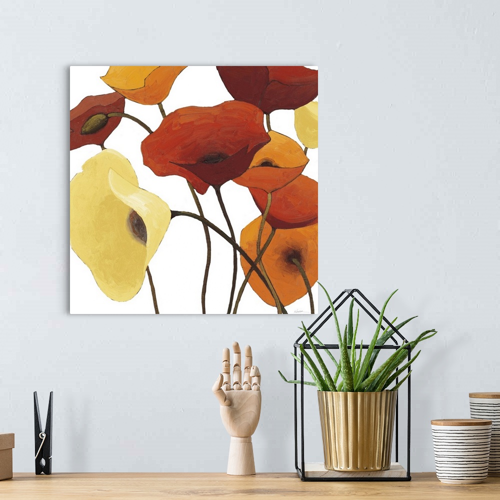 A bohemian room featuring Large square contemporary painting of orange, yellow and red poppies.