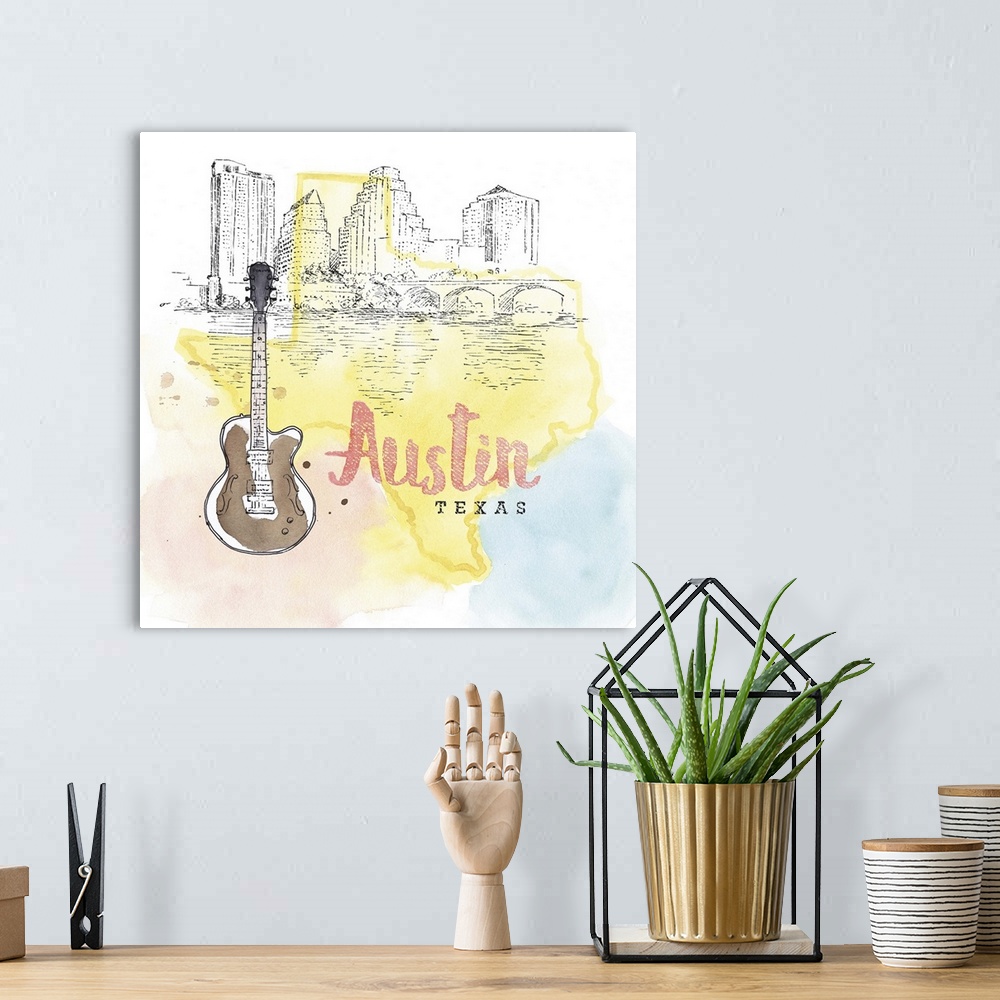 A bohemian room featuring Square watercolor and ink illustration of an Austin skyline with a guitar and a yellow outline of...