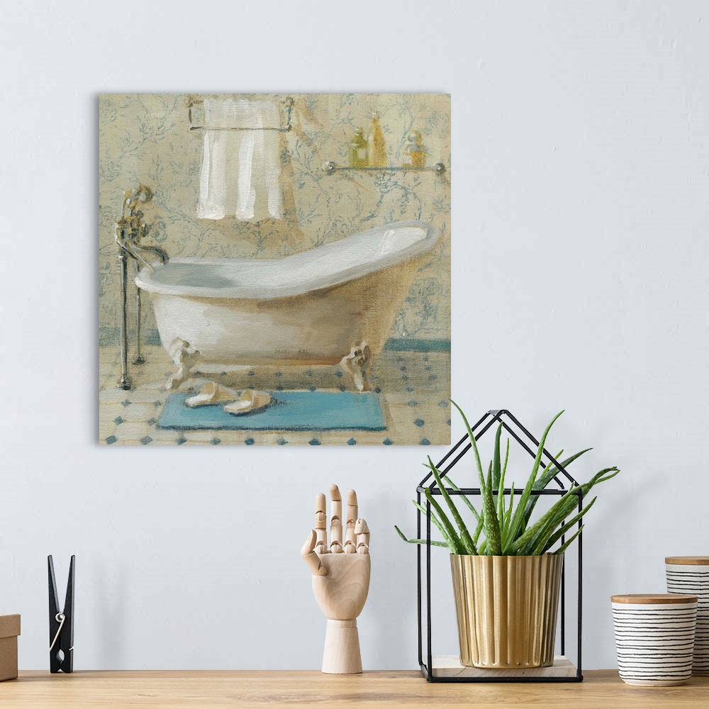 A bohemian room featuring Contemporary artwork of bathroom scene, with the focus of the image on the bathtub.