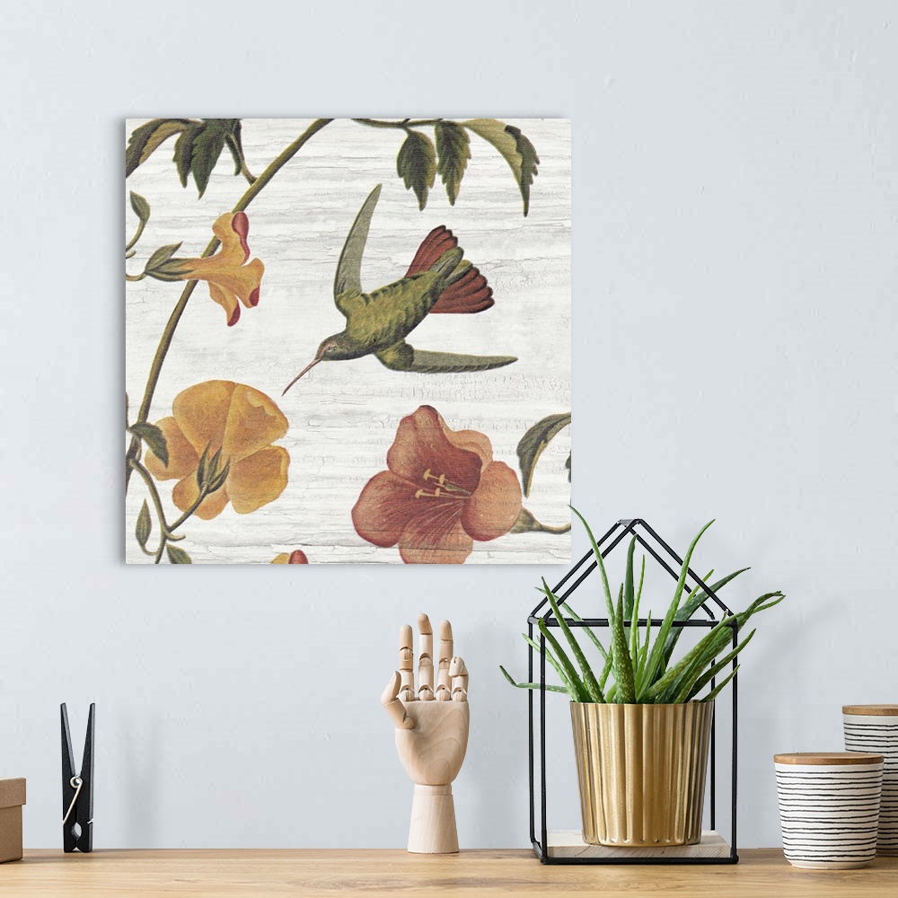 A bohemian room featuring Vintage stylized artwork of a hummingbird flying to a colorful flower against a weathered backgro...