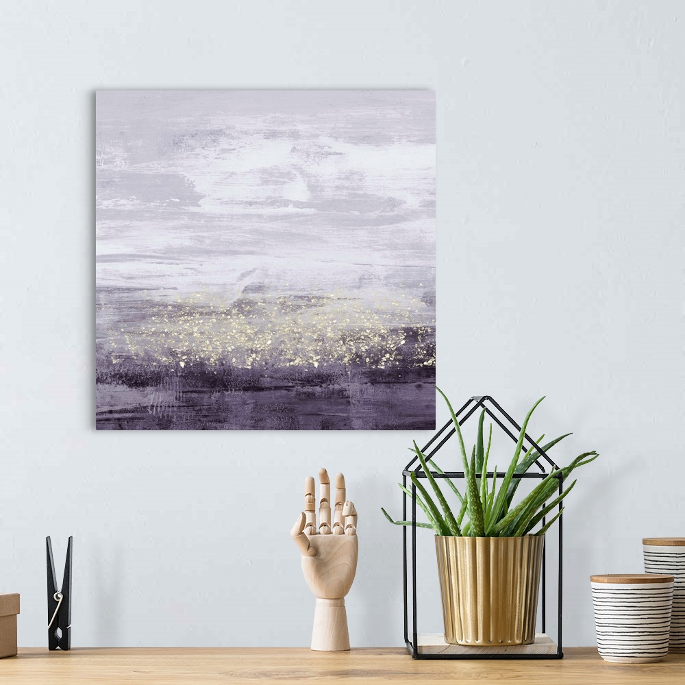 A bohemian room featuring Abstract painting of horizontal brush strokes of purple,with dark shades on the bottom, and overl...