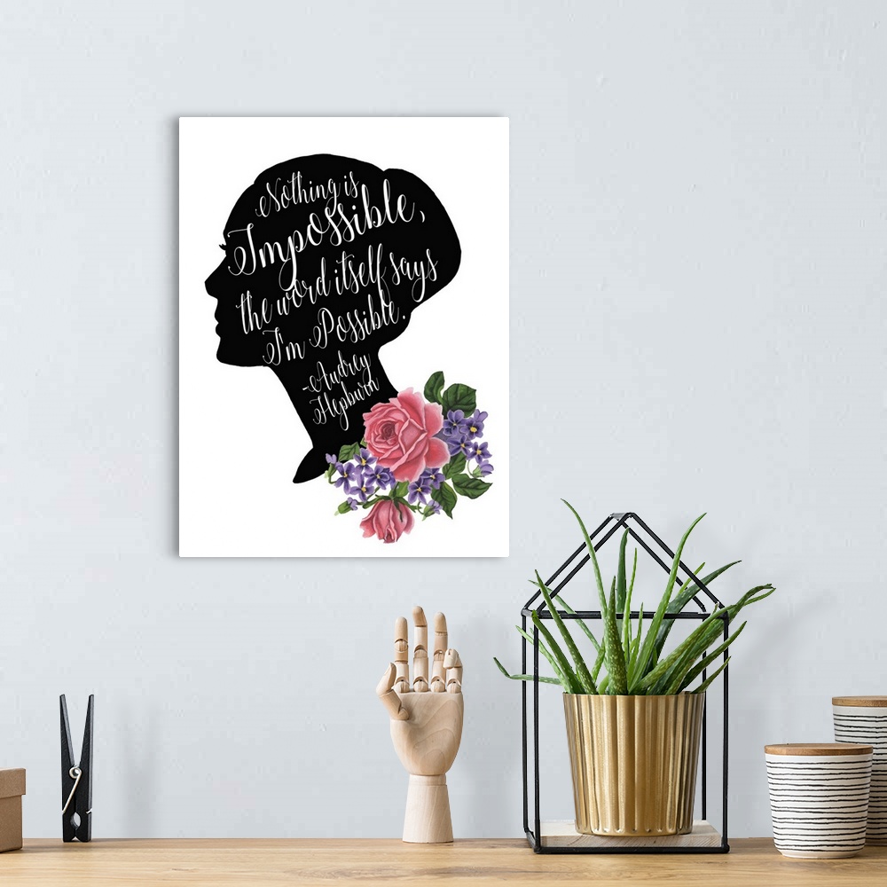 A bohemian room featuring Inspirational sentiment by Audrey Hepburn handwritten in a profile silhouette.