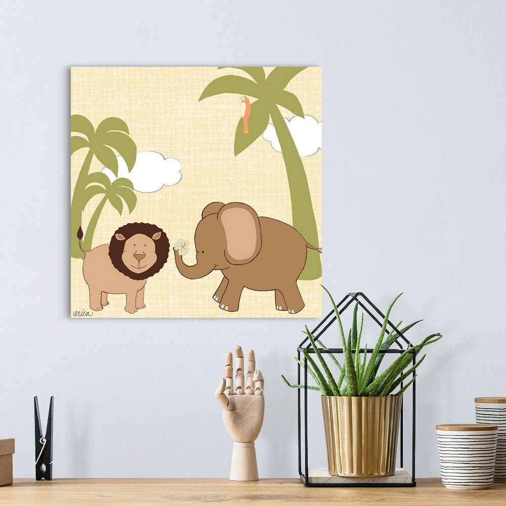 A bohemian room featuring Cute children's room artwork of friendly jungle animals in yellow and green.