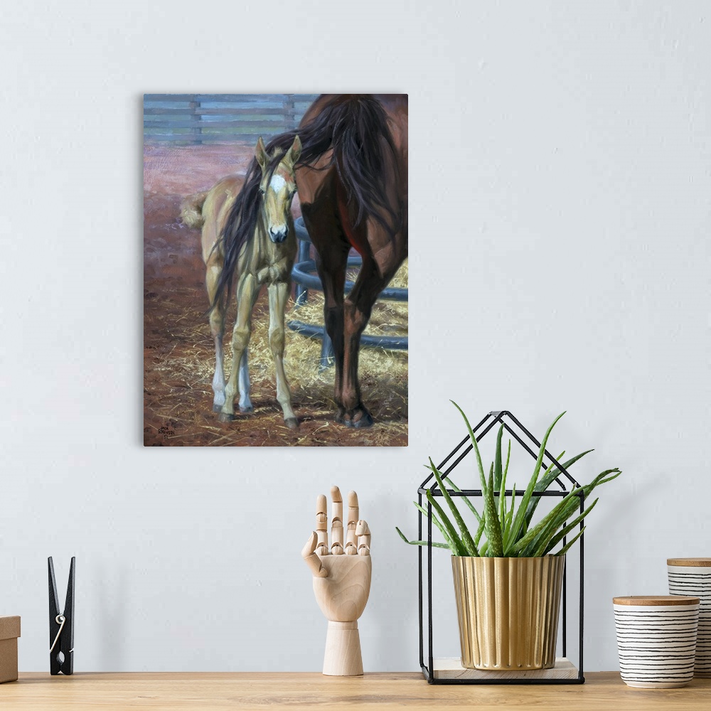 A bohemian room featuring Lively brush strokes that create a humorous scene of a foal and their mother in this contemporary...