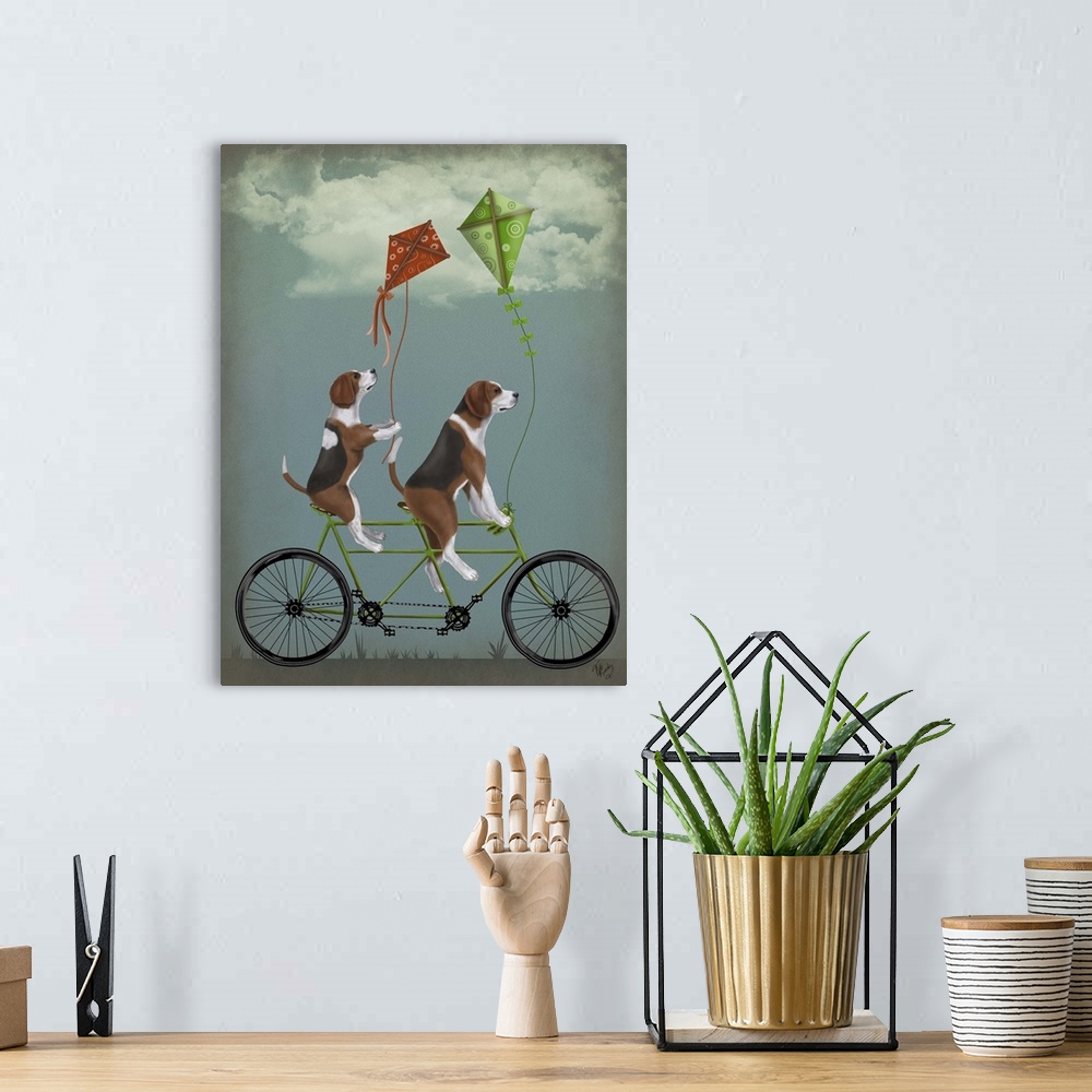 A bohemian room featuring Decorative artwork of two Beagles riding on a tandem bicycle with a green and red kites attached.
