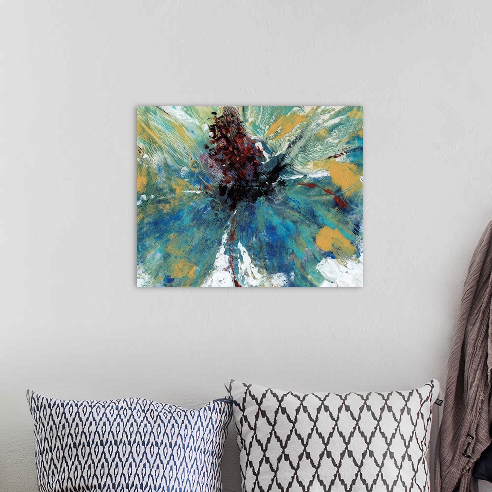 A bohemian room featuring Abstract contemporary artwork in shades of blue, gold, and green.