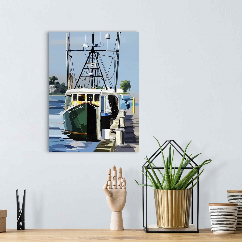 A bohemian room featuring Artwork of a fishing boat near a concrete pier.