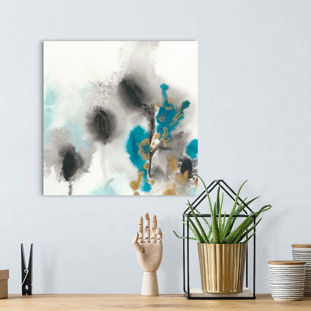 A bohemian room featuring Watercolor abstract art in blue and grey on white.