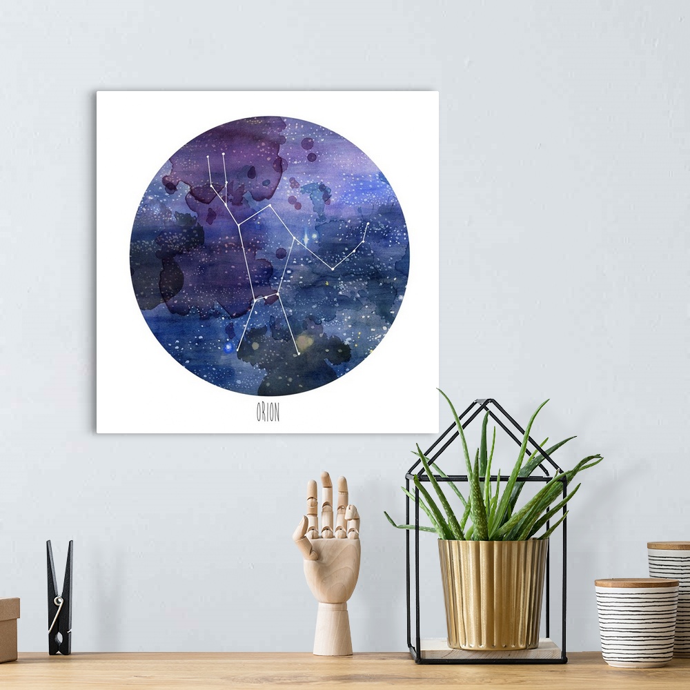 A bohemian room featuring The constellation Orion in the night sky, in a watercolor circle.