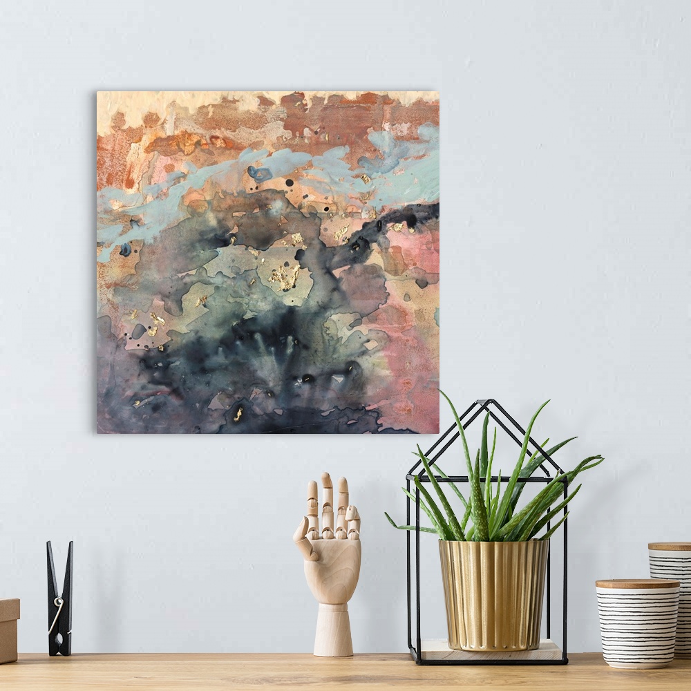 A bohemian room featuring Square abstract painting in blended colors of brown, pink, blue and gray with gold accents overla...