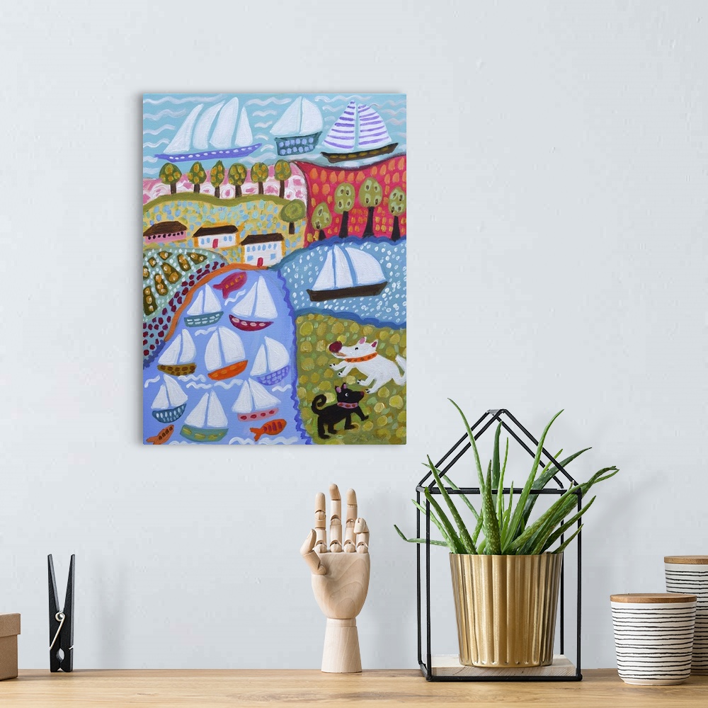A bohemian room featuring Contemporary landscape art print of several sailboats in the ocean and river with two dogs watching.