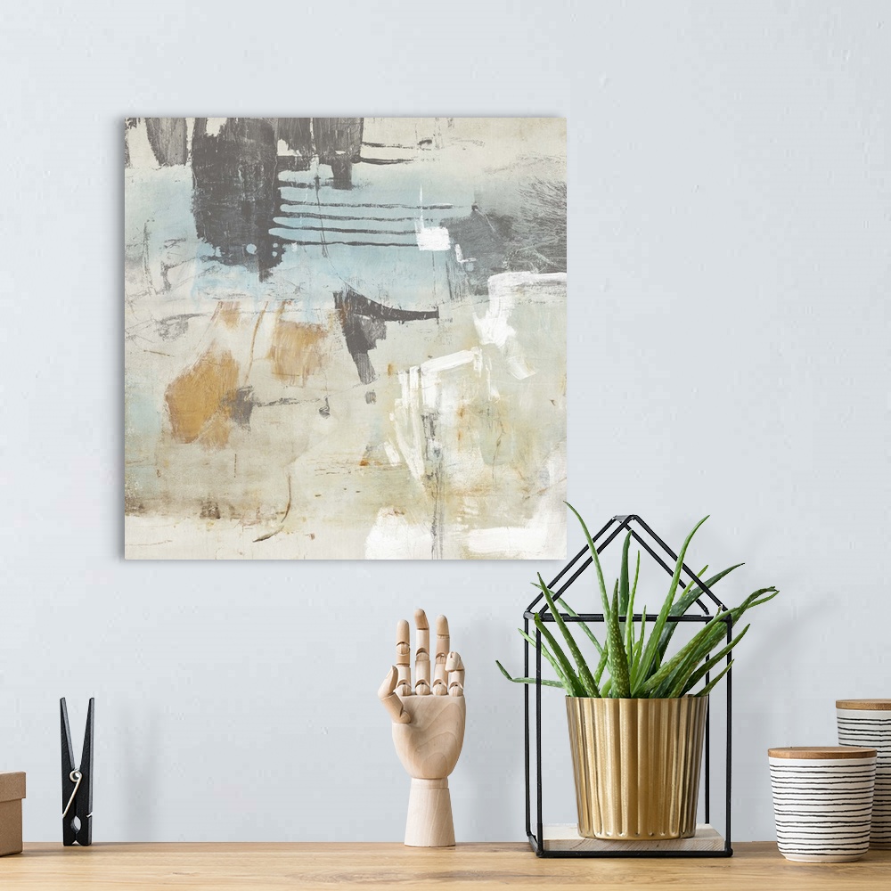 A bohemian room featuring Abstract painting using soft colors mixed with patterns and textures.