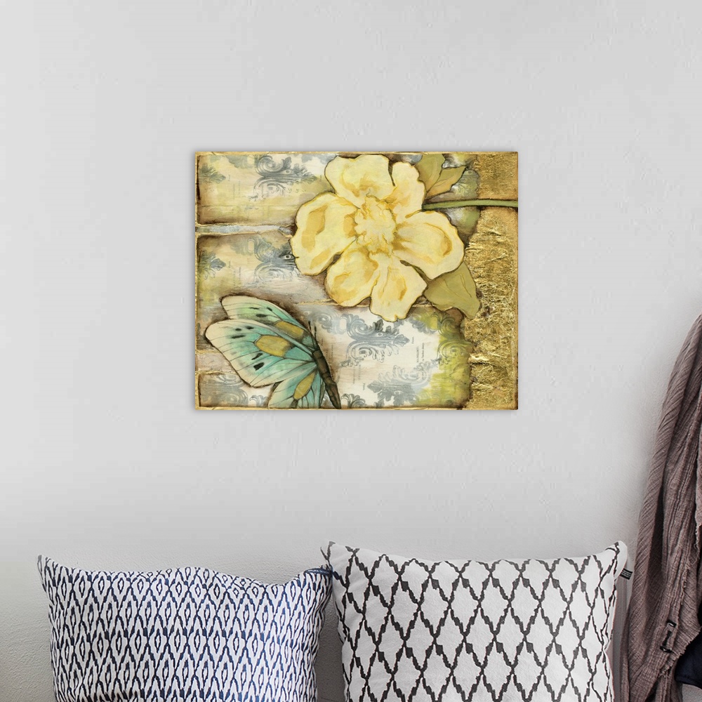 A bohemian room featuring Contemporary painting of a golden flower and a teal butterfly against a weathered and textured ba...