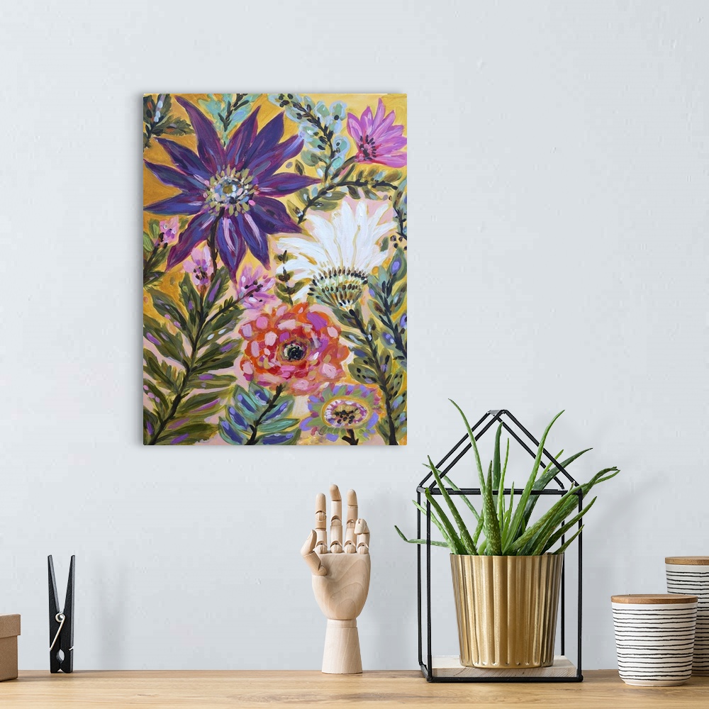A bohemian room featuring Tropical illustration of colorful blooming flowers in a Boho style.