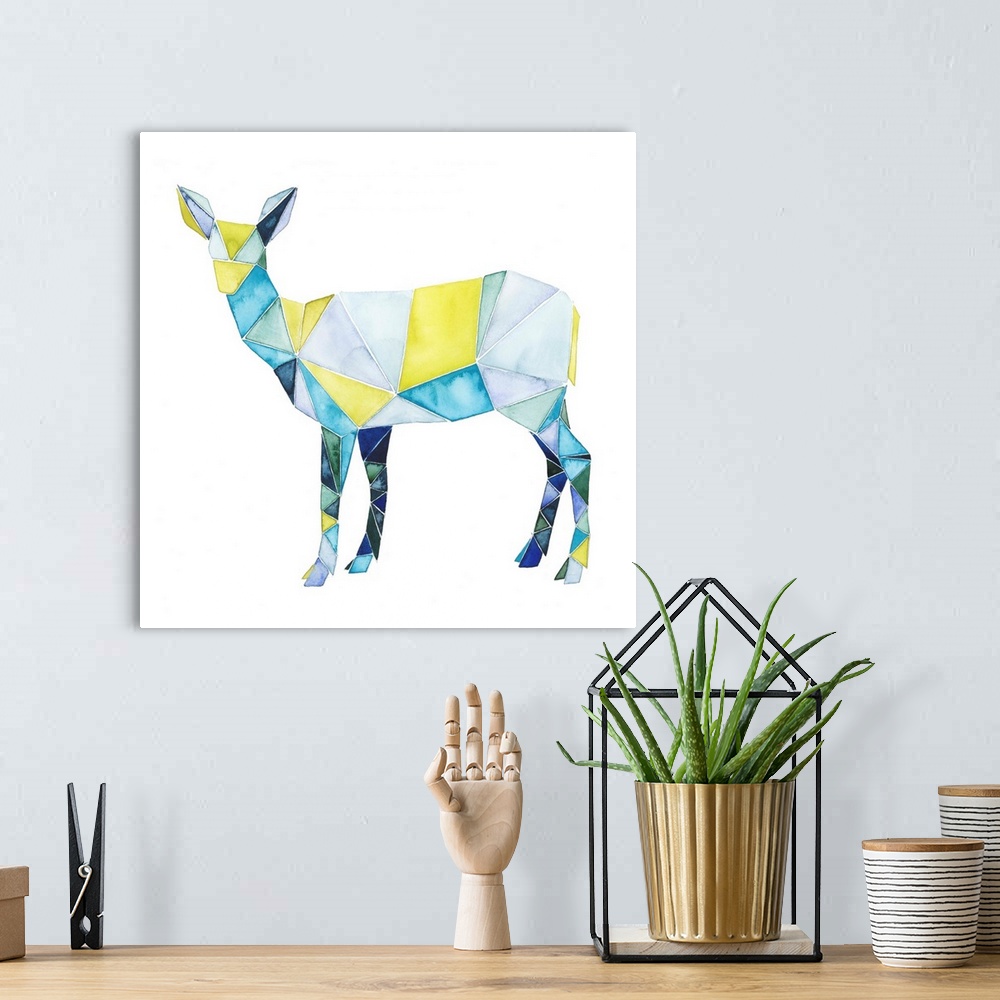 A bohemian room featuring Watercolor artwork of a deer rendered in polygonal shapes in yellow and blue.