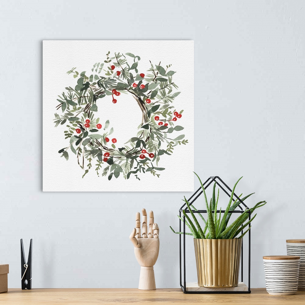 HAND-PAINTED Christmas Holly, ORIGINAL Watercolor Illustration, Holiday  Painting, Flower Wall Decor, Botanical Floral Art, Modern Farmhouse