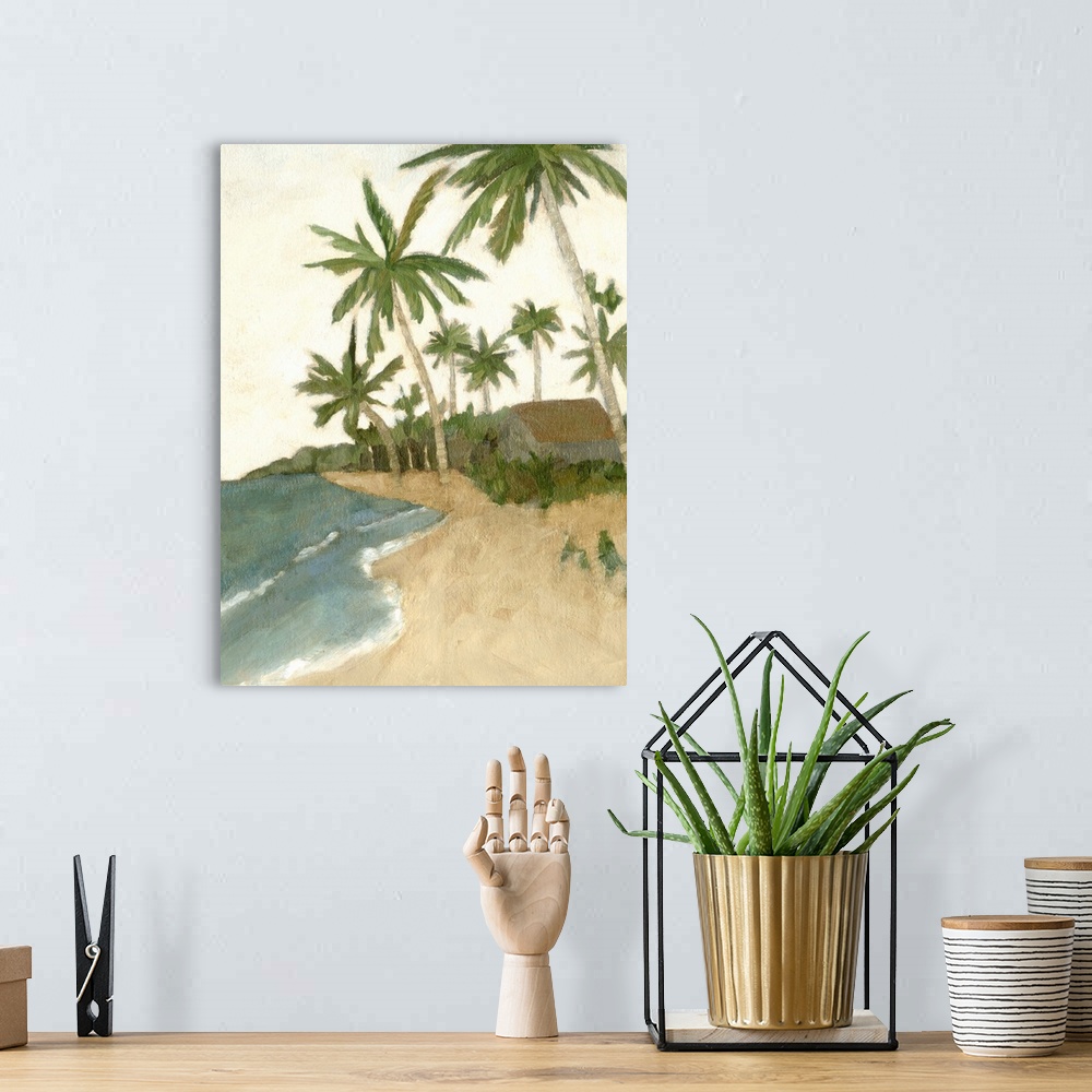 A bohemian room featuring Contemporary artwork of a tropical beach with palm trees hanging over a tranquil coastline.
