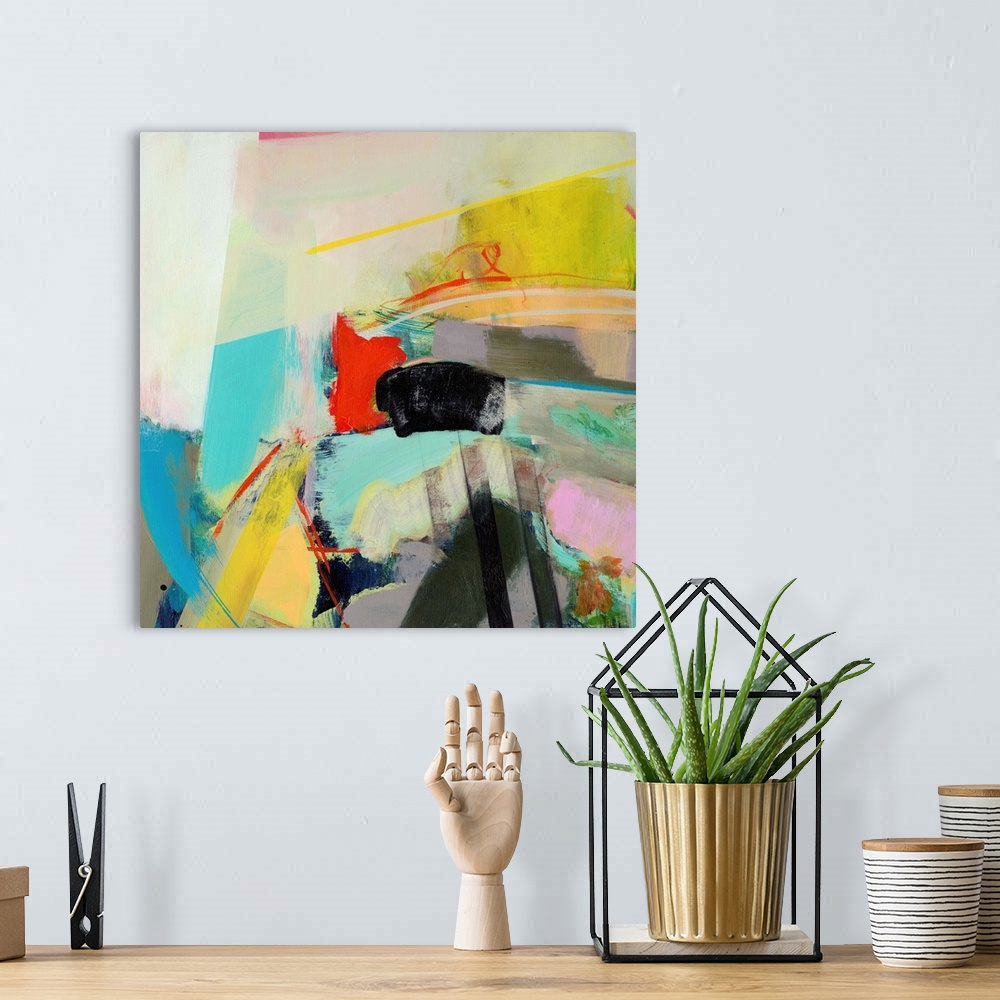 A bohemian room featuring Contemporary abstract painting using wild colors.