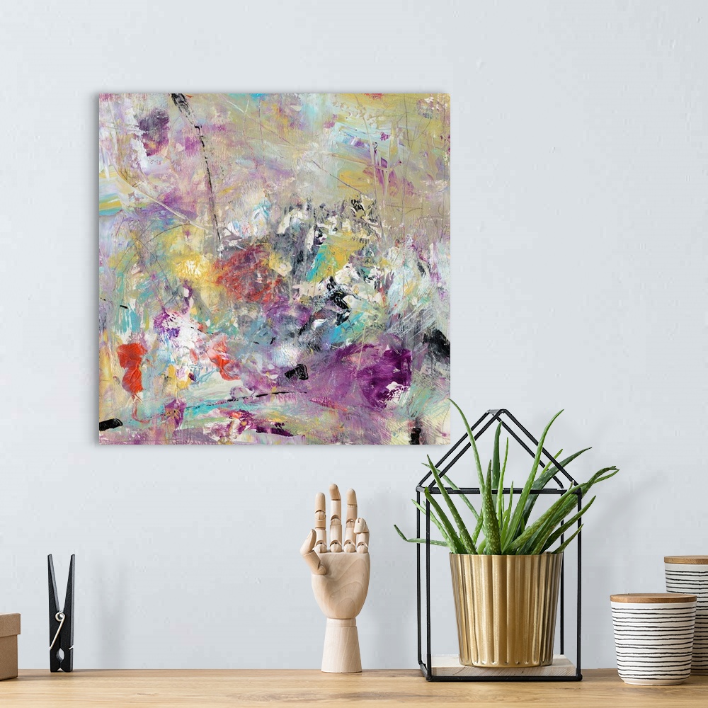 A bohemian room featuring Contemporary abstract artwork in a frenzy of colors and textures, with scratches, brushstrokes, a...