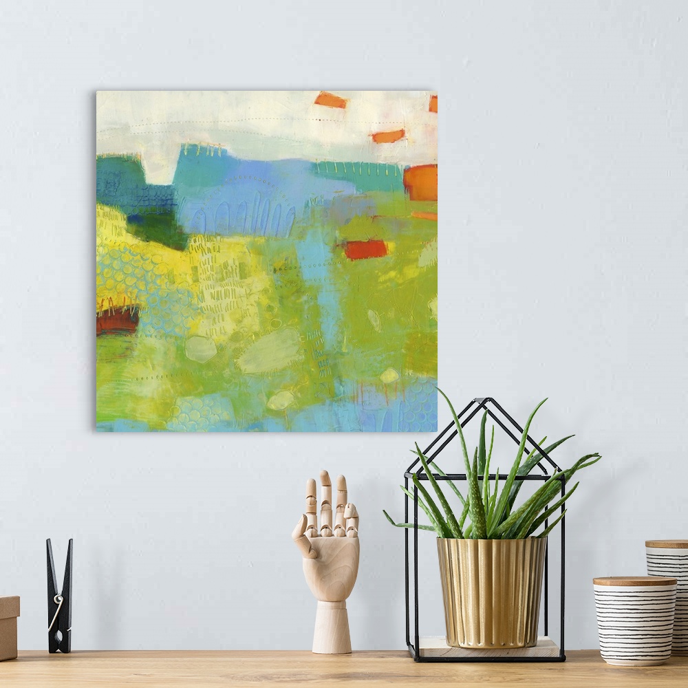 A bohemian room featuring Abstract contemporary painting in tropical blue, lime green, and coral.