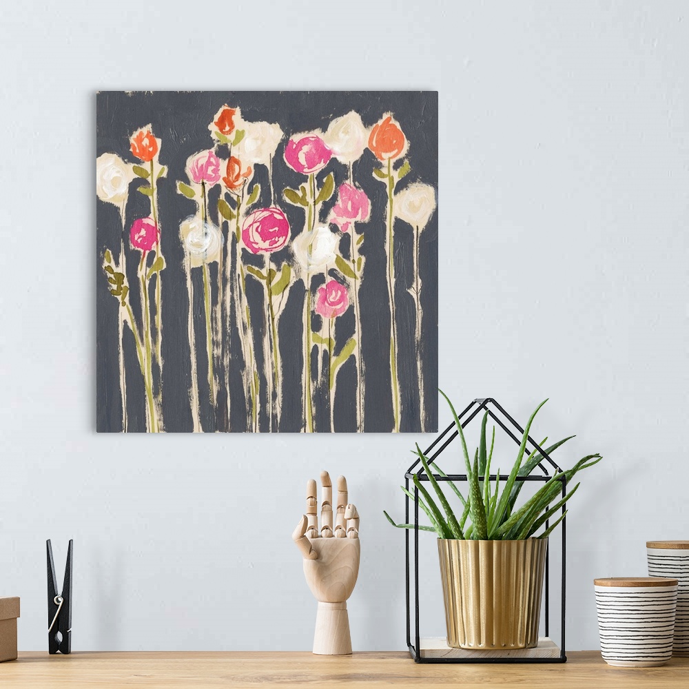 A bohemian room featuring Contemporary painting of colorful flower on tall straight stems against a dark gray background.