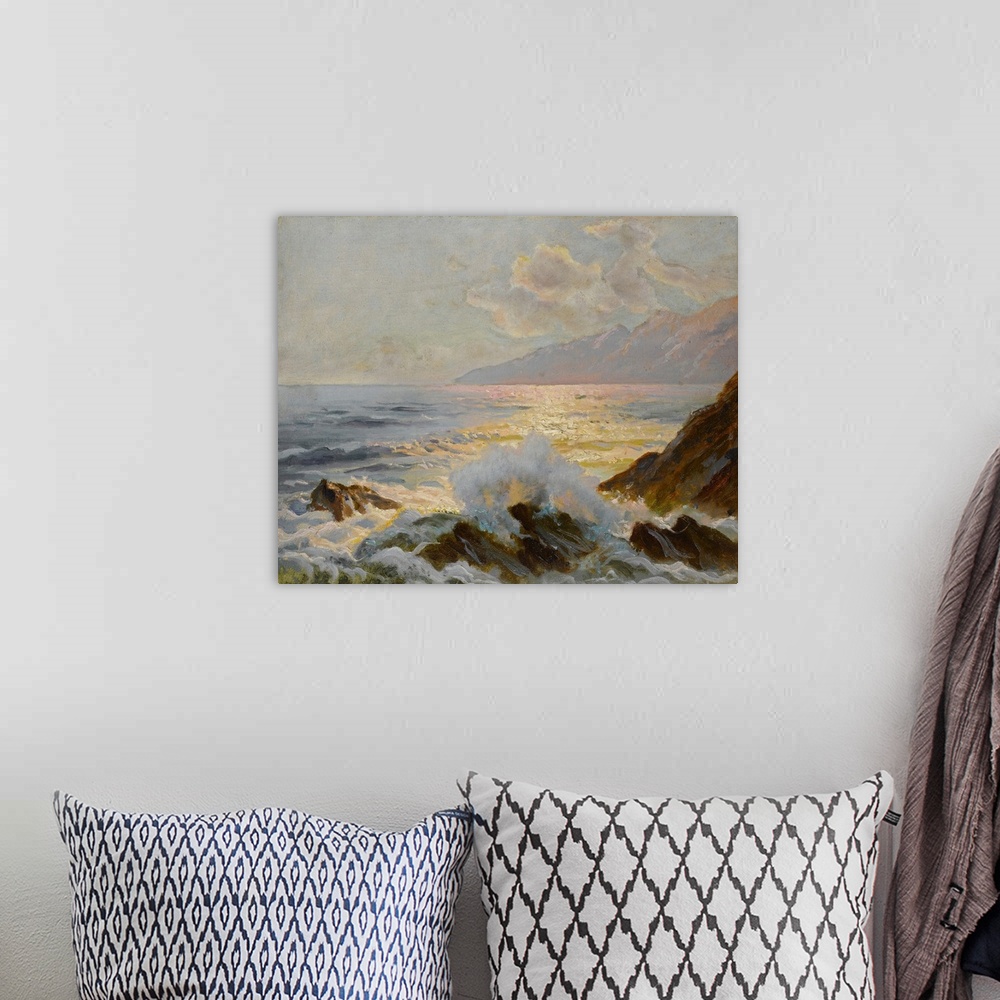 A bohemian room featuring Classic painting of waves crashing against the rocky coast in golden light.