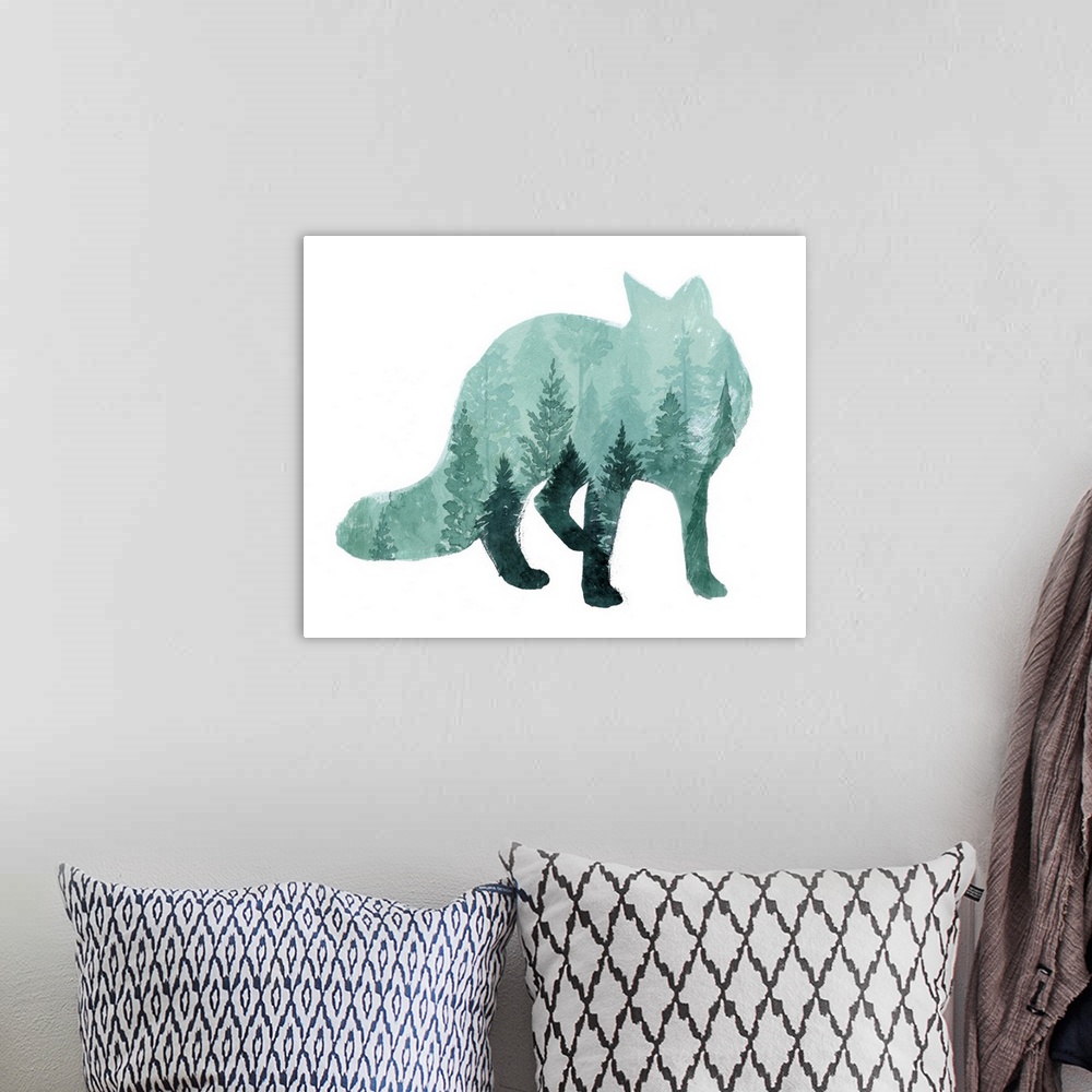 A bohemian room featuring Silhouette of a fox with an image of a misty forest inside on white.